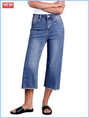 High Waisted Wide Leg Capri Jeans Raw Hem Stretchy Denim